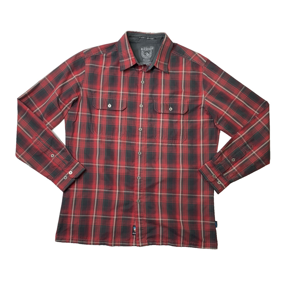 Kuhl Shirt Mens M Medium Red Gray Eluxur Plaid Button Up Long Sleeve Pockets